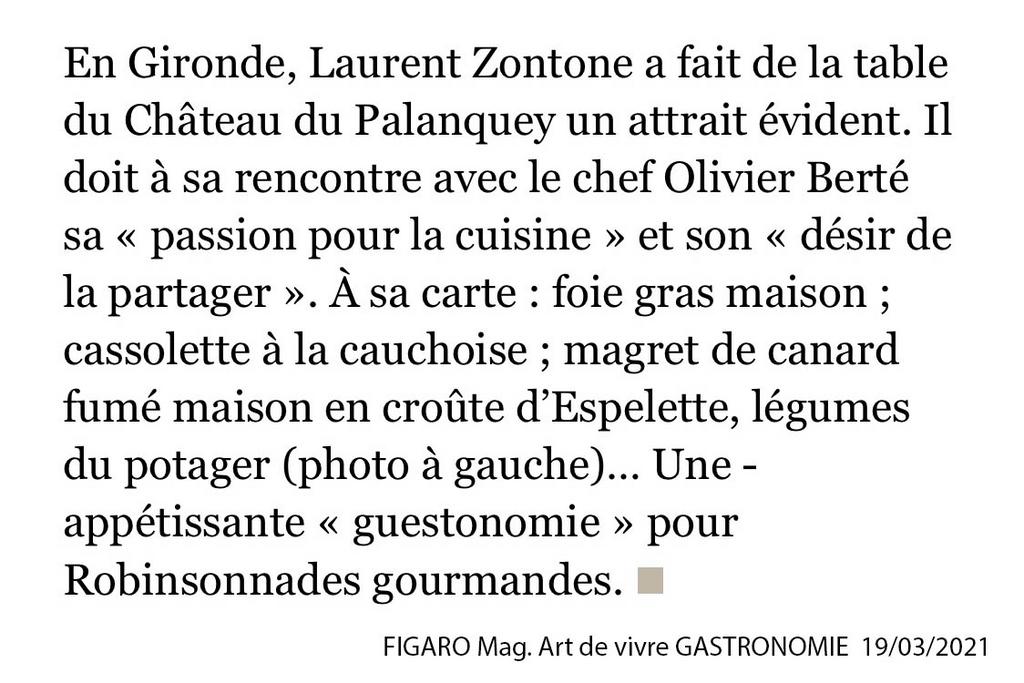 Article presse Figaro Magazine 19 mars 2021 table d'hotes Chateau Palanquey