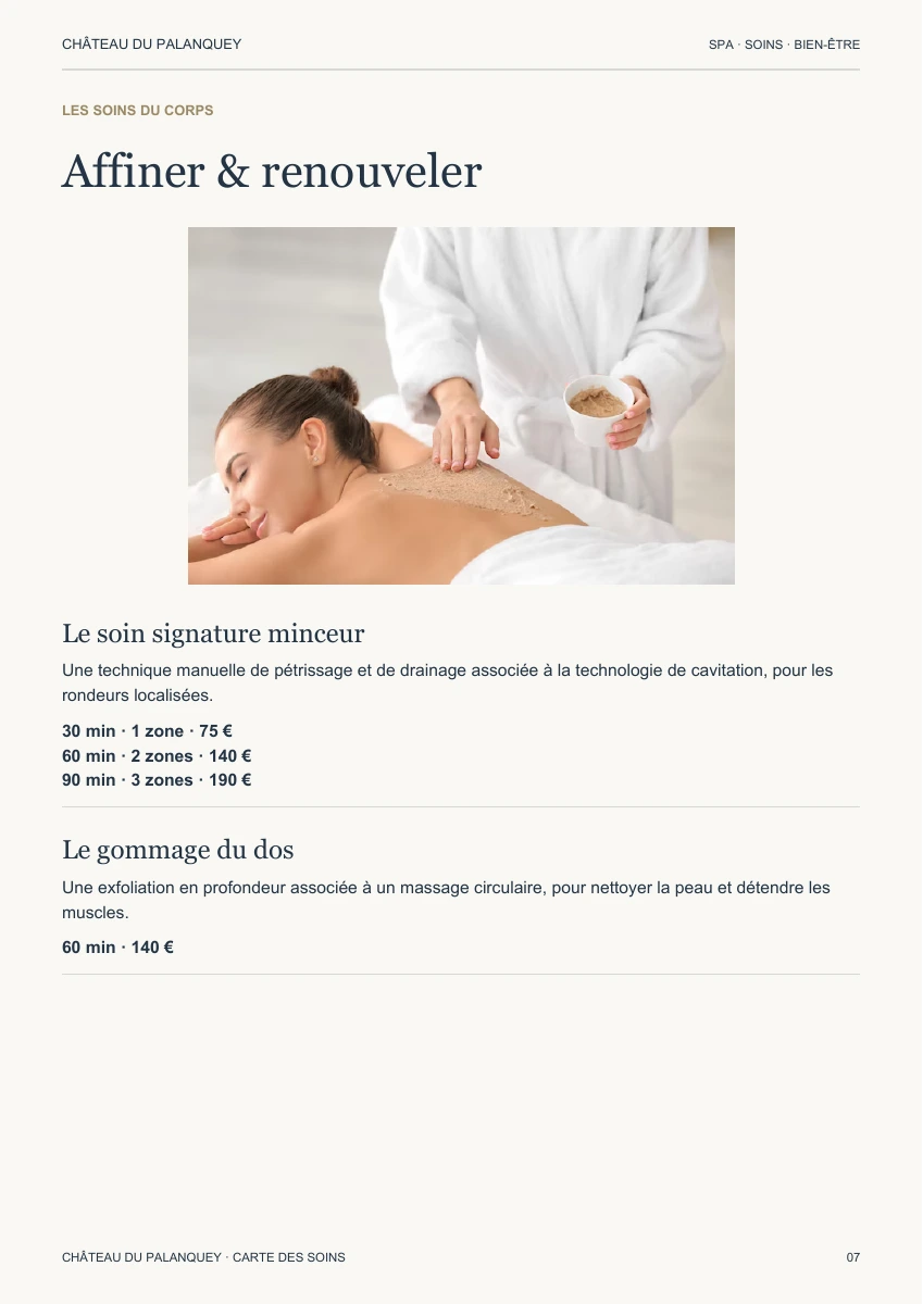 Les soins du corps — carte des soins du Château du Palanquey