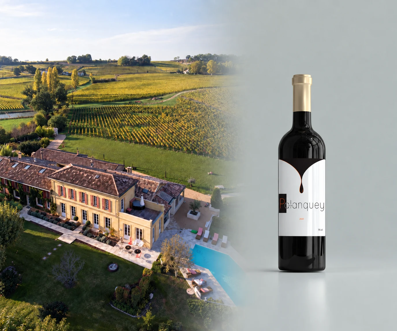 Château du Palanquey by Angelus — château, vignobles et bouteille de vin